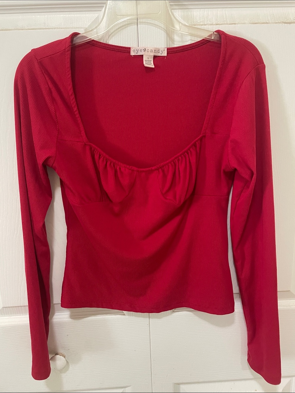 eye candy Cherry Red Ribbed Long-Sleeve Scoop Neck Top size L pit 16 L 19